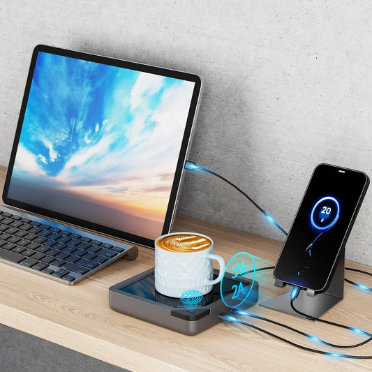 Coffee Mug Warmer with 2 USB Charging Ports: Auto Shut-Off Candle Wax Warmer - Heated Beverage Coffee Accessories for Home Office Desk - U1 Wood