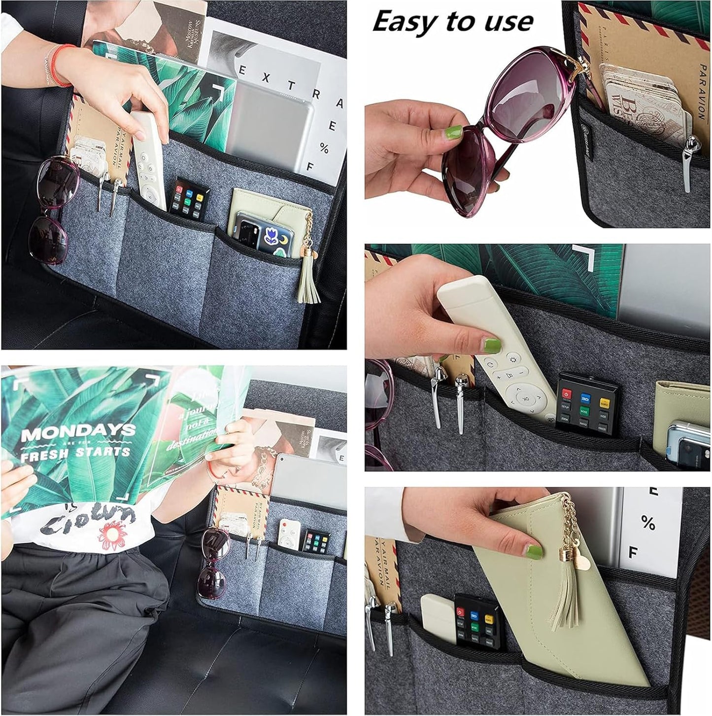 Sofa Armrest Storage Bag, 33.8 Inch x 15.7 Inch 4 Pockets Dark Gray Felt Cloth for Storage Remote Control, Phone, Journal and So on (gray)