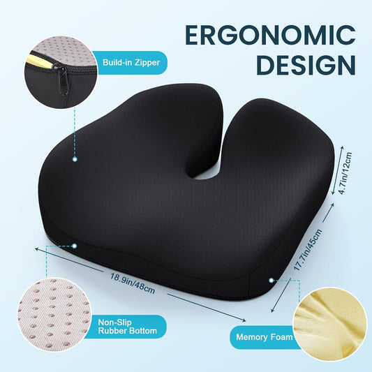 Benazcap Memory Foam Seat Cushion, Ergonomic Office Chair Cushion | Memory foam cushion relieves pressure and supports tailbone comfort for office chairs, cars, wheelchairs and home use.
