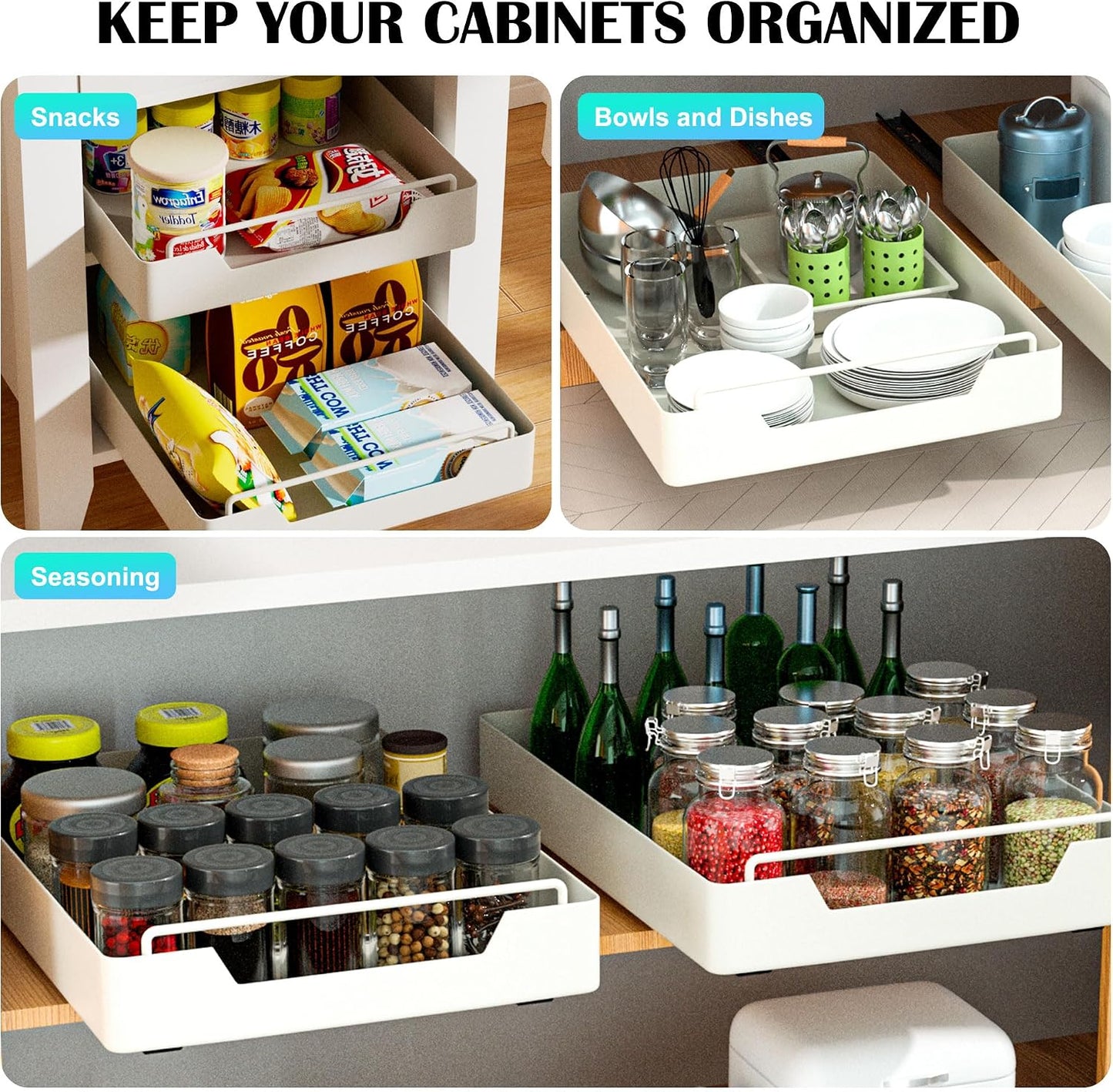 Jolitac 1 Pack Pull Out Cabinet Organizer with Adhesive Nano Film Heavy Duty Storage and Organization Slide Out Pantry Shelves for Kitchen, Bathroom and Living Room (9.8" Wide-16.9" Deep)