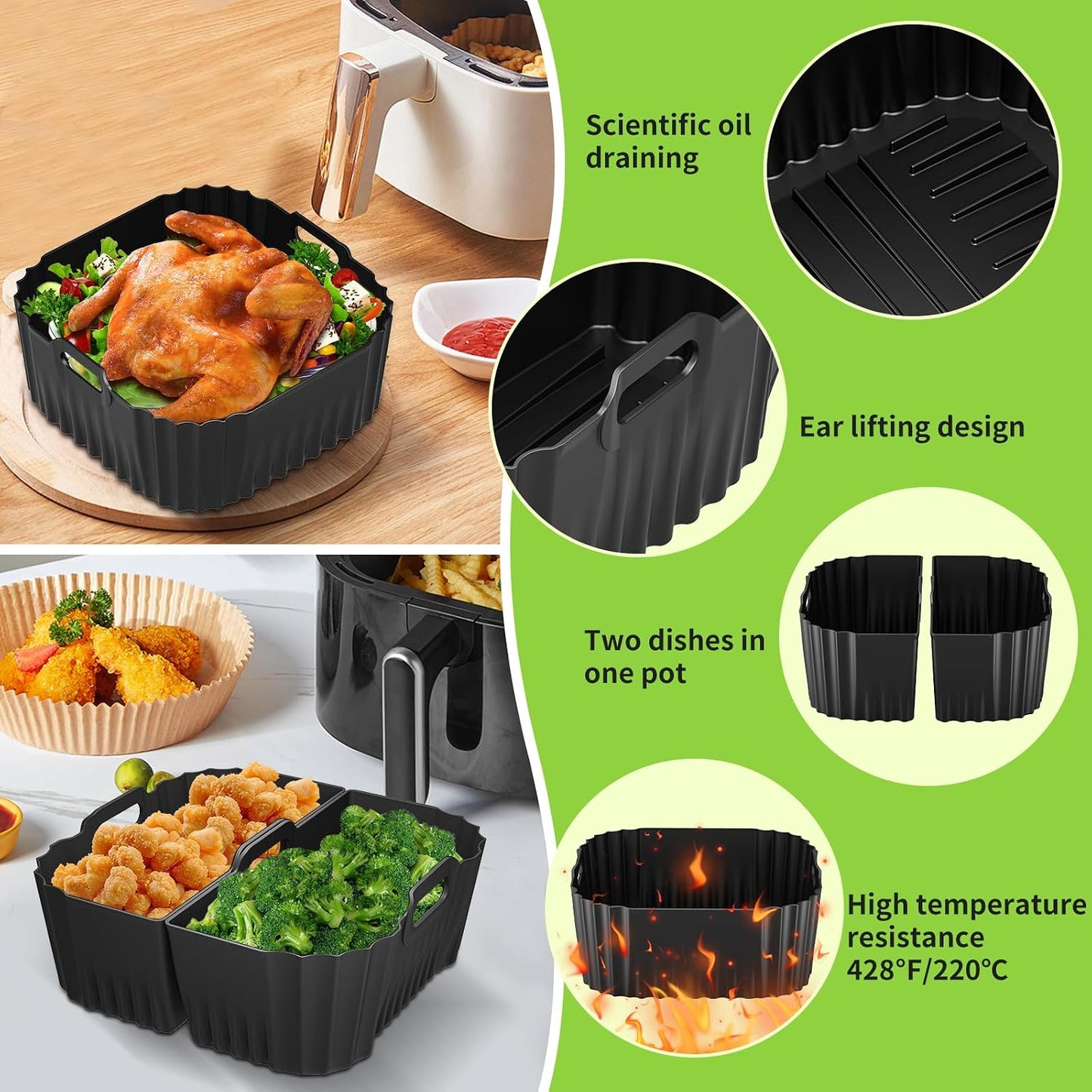 Air Fryer Silicone Liners Square for Chefman 8QT Air Fryer 3 Pack Reusable | Silicone Pot Baking Accessories for Instant, Nuwave, Gourmia and other 8QT to 10QT Large AirFryer, 2 In 1 Liners