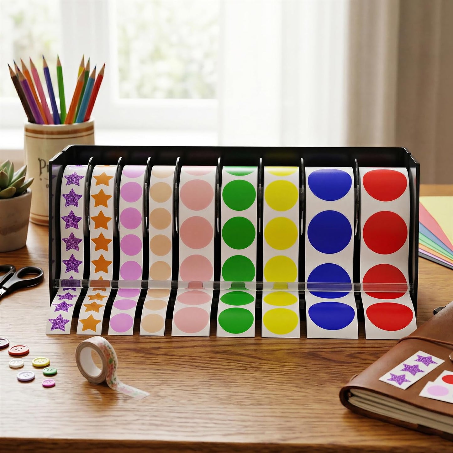 Sticker Dispenser Adjustable Label Roll Holder 2 Divider Disks | Holds 3 Rolls, Easy Assembly, Durable Acrylic, Fits Multiple Roll Sizes, Smooth Dispensing, Home, Office, Retail, Business