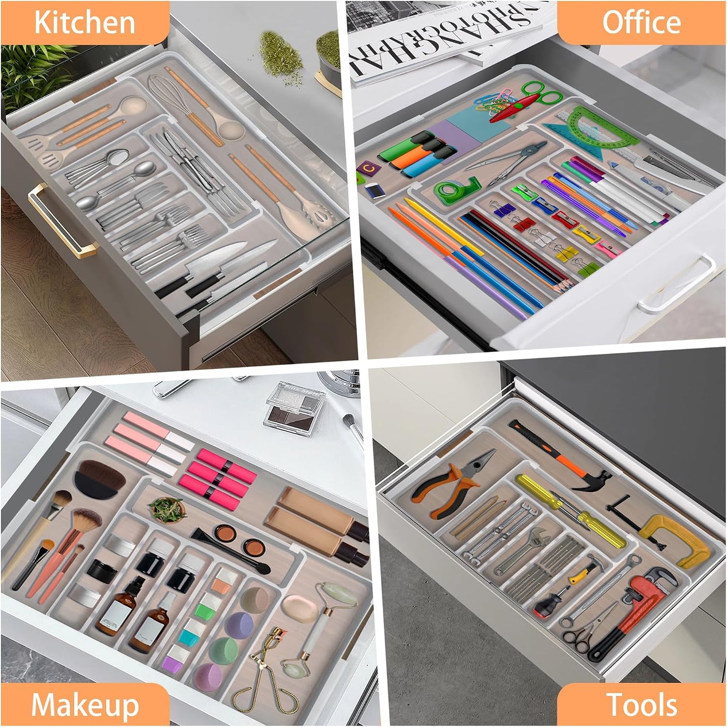 Large Silverware Drawer Organizer Expandable Kitchen Utensil Organizer BPA Free Flatware Cutlery Holder Tray Adjustable Plastic Drawer Divider Storage for Forks Knives 6-9 Slots White