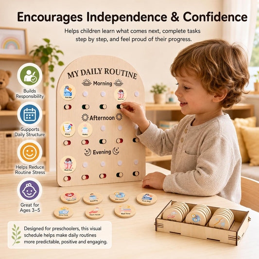 My Daily Routine Chart for Kids with Sliding Checklist – Wooden Visual Schedule Board for 3-5 Years Toddlers, Morning Afternoon Bedtime Activity Chore Chart for Independence Self Discipline