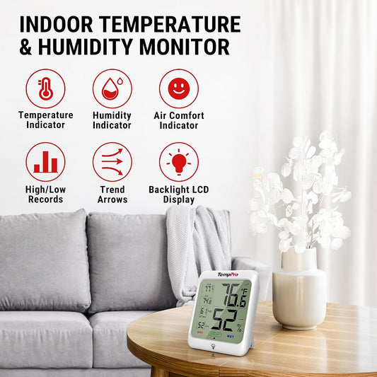 TempPro TempAir Digital Hygrometer Indoor Thermometer for Home | Temperature Humidity Sensor with Comfort Indicator & Max Min Records, Backlit Display Room Thermometer Humidity Meter