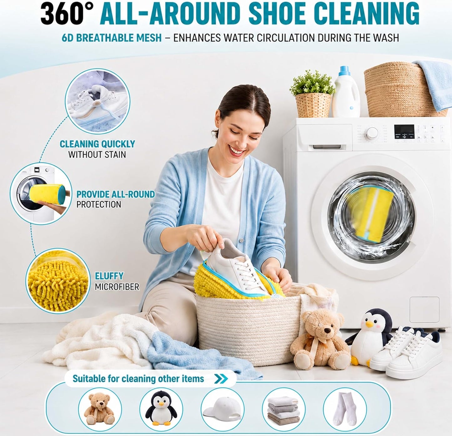 (2-Pack) Shoe Washing Machine Bag with 4 Shoe Trees, Sneaker Laundry Bags for Washer & Dryer, 360° Protective Mesh Shoe Cleaning Bag with Self-Locking Zipper and Safely Wash Shoes in Washing Machine.