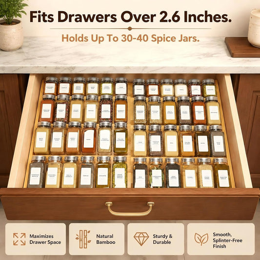 Bamboo Spice Drawer Organizer Expandable(Fits 2.6" Deep or Deeper Drawers), 4-Tier Spice Rack Drawer Insert for Kitchen Cabinets(12" - 22" Width),Adjustable Seasoning Storage Insert(Jars Not Included)
