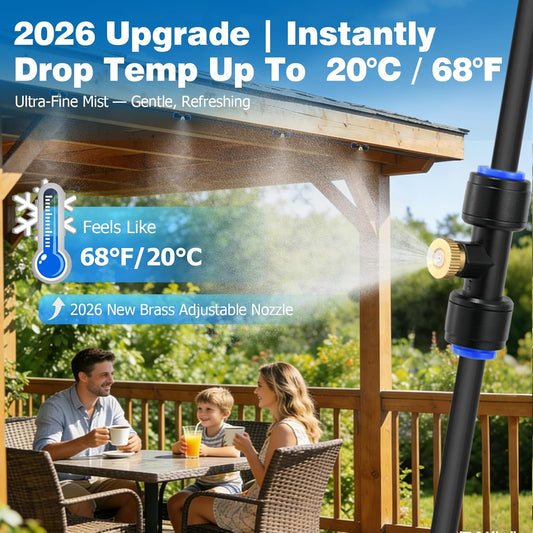 Mellbree Misters for Outside Patio 45FT/14M, Pre-Assembled Misting Cooling System with 12 Brass Nozzles & 3/4" Adapter, Outdoor Mister for Patio, Garden, Greenhouse, Pavilion, Dog House, Chicken Coop