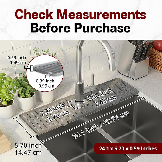 ODRAGO Silicone Kitchen Sink Splash Guard - 24.01 Inch Faucet Mat for Kitchen Sink Water - Longer Faucet Handle Drip Catcher Tray-Sink Guard for Kitchen Sink (Grey)