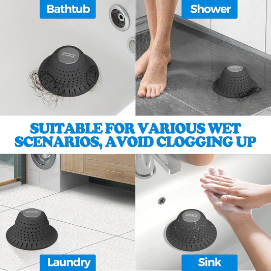 Bathtub Drain Strainer Silicone Bathroom Stopper Fixture Accessories | 2-Pack Gray Collapsible Shower Drain Hair Catcher for Pop Up Tubs, Traps Hair Before Clogs, Easy Clean for Bathroom Sinks