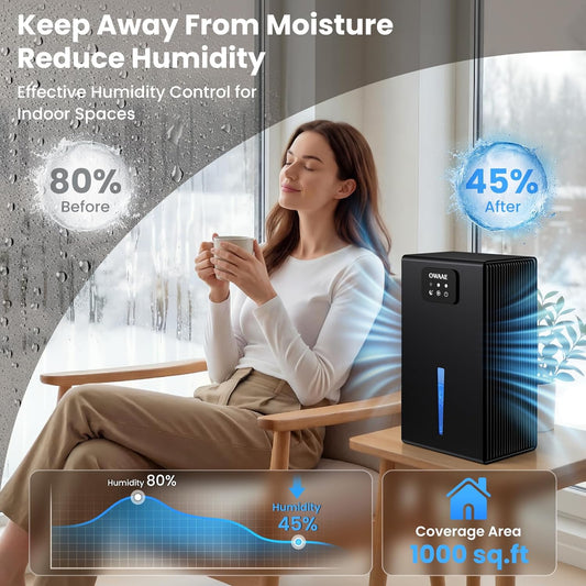 Dehumidifier for Home with Auto Shutoff Sleep Mode, 1000 Sq Ft | Quiet for Bedroom Basement Bathroom with Portable 95oz Water Tank, Auto Shutoff, 7-color LED light, Black