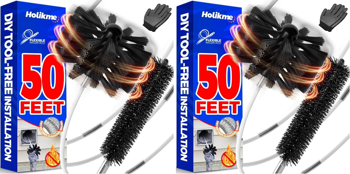 Holikme 50Ft Dryer Vent Cleaner Kit - Flexible Lint Brush for Deep Cleaning | Flexible Nylon Rods, Synthetic Brush Head, Drill Attachment, Deep Clean, Lint Removal, Easy DIY Assembly, Home Essential