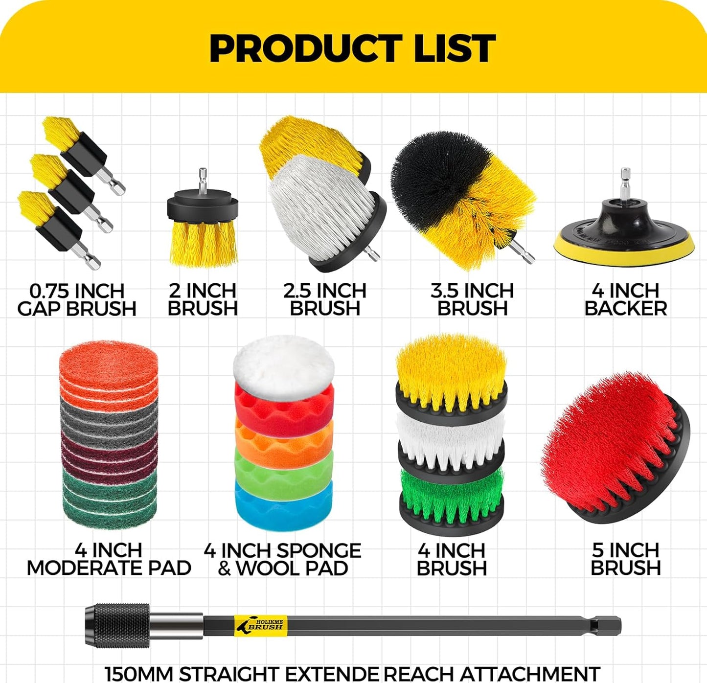 Holikme 30Piece Drill Brush Attachment Set - Power Scrubber Cleaning Kit | Buffing Sponges, Nylon Grout Tools, Tile Bathtub Shower Floors Kitchen Car Interior Detailing, Cleaning Supplies