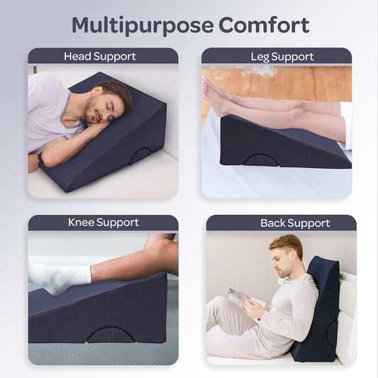Lavish Home 8in Wedge Pillow - Bed Wedge Pillow for Sleeping - Memory Foam Wedge Pillow for Back Pain Relief, Snoring, and Acid Reflux - Bed Wedge with Half-Moon Pillow and Washable Covers (Navy)