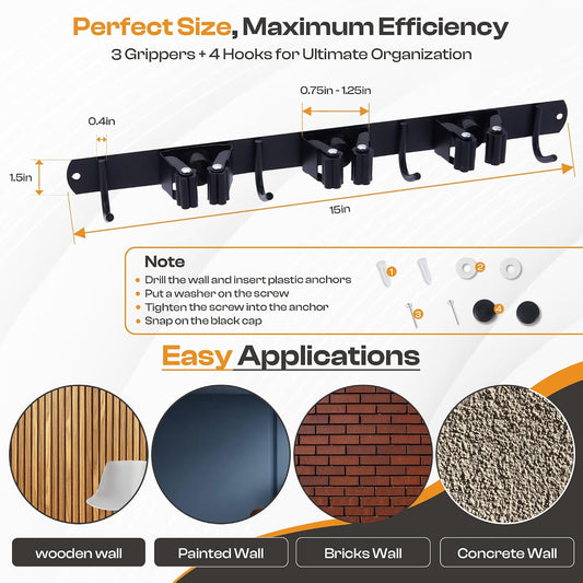 Stainless Steel Broom Holder Wall Mount, 3 Racks & 4 Hooks | Waterproof organizer for mops, brooms, tools and garden equipment, adjustable wall storage, black