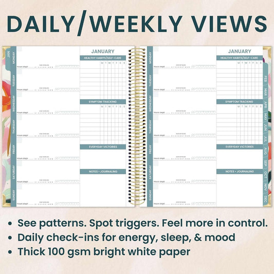 bloom daily planners Undated Chronic Illness Planner & Medical Journal - 12 Month Pain & Symptom Tracker, Mood & Medication Log, Appointment Organizer (7” x 9”) - Chronically Resilient