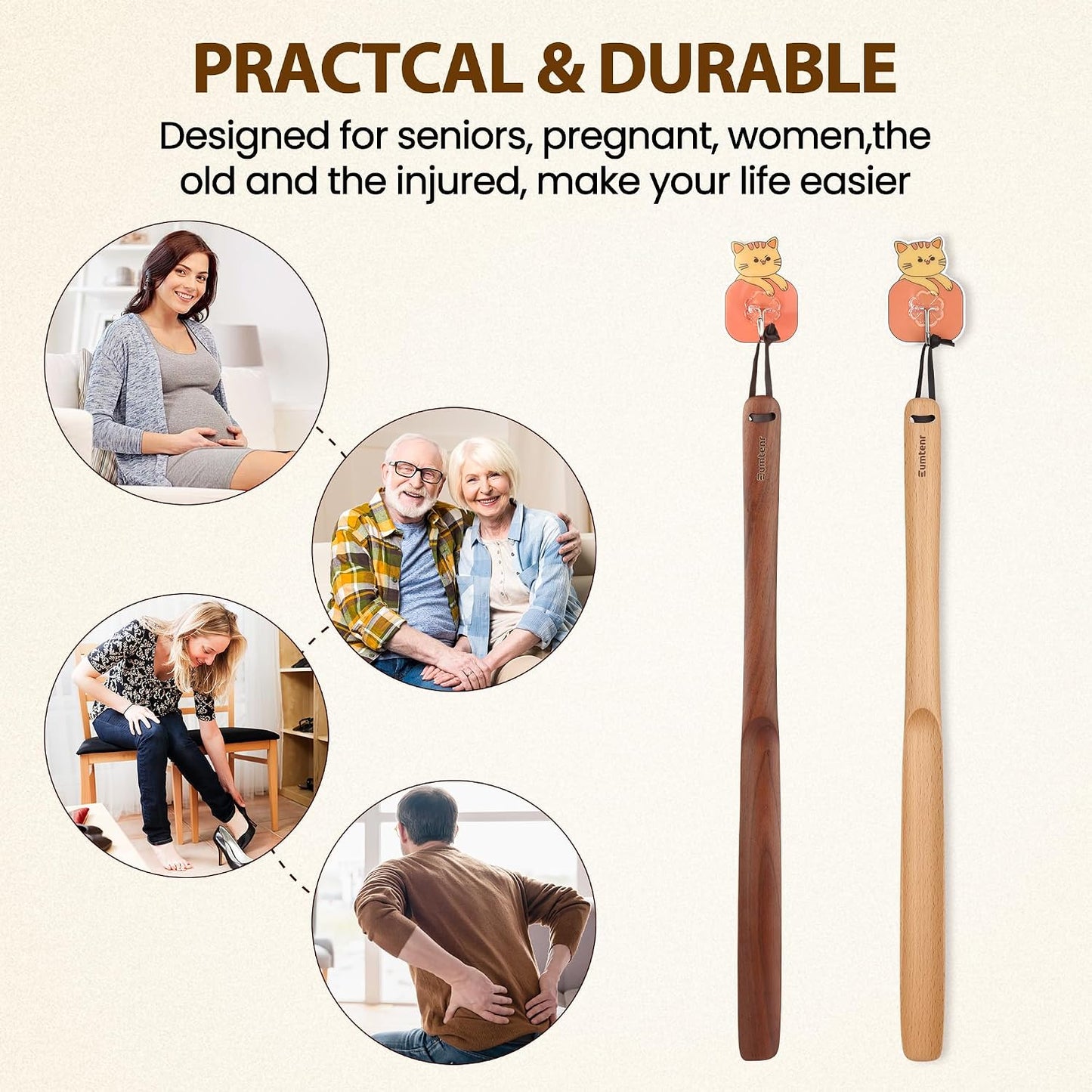 Shoe Horn Long Handle for Seniors 19.7" Shoehorn for Men, Women, Kids, Pregnancy, with Wall Hooks - Black Walnut