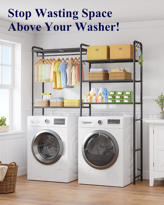 Kitsure Laundry Room Shelves - Multi-Functional Over Washer and Dryer Shelves with Hanging Bar & Removable Hooks, Space-Saving Organizer for Laundry Room, Kitchen, 58.4" W x 13.0" D x 70.9" H, Black
