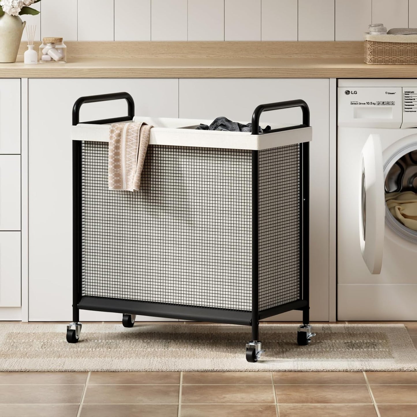 WOWLIVE Rolling Laundry Hamper 2 Section, 100L Laundry Basket with Wheels | Double Laundry Sorter with Metal Handle and Removable Bag, Large Clothes Hamper for Laundry Room, Bathroom and Dorm, Beige