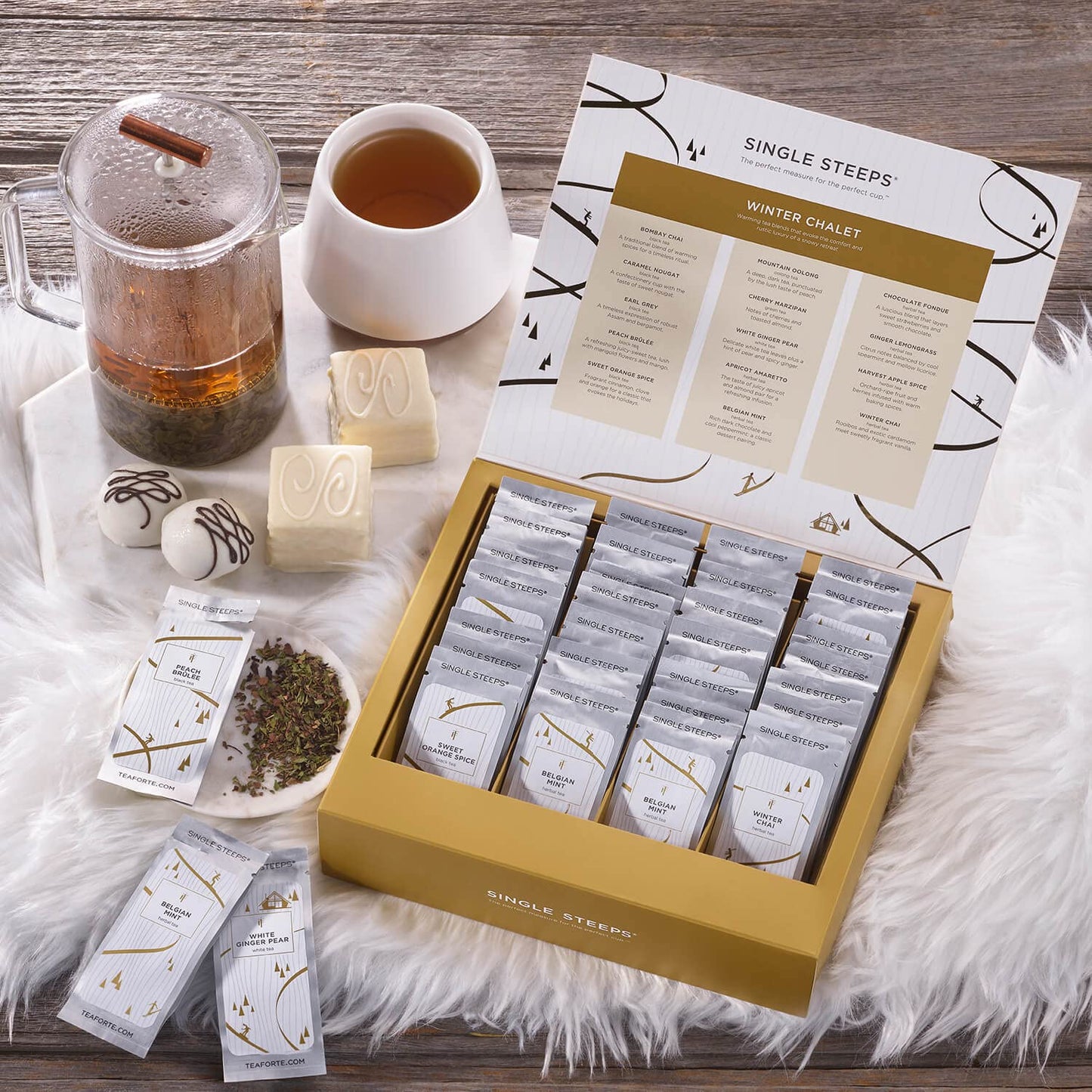 Tea Forte Single Steeps Tea Sampler, Lotus, 15 Pouches | 15 Single Serve Loose Leaf Bags - Premium Handcrafted Tea Blends - Giftable Presentation Box