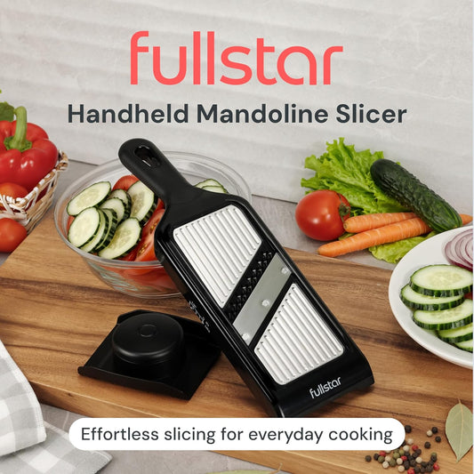 Fullstar - Handheld Mandoline Vegetable Slicer & Julienne Cutter | 2 in 1 Onion, Veggie & Fruit Slicer, 4 Thickness Settings with Stainless Steel Guard for Easy & Safer Slicing (White)