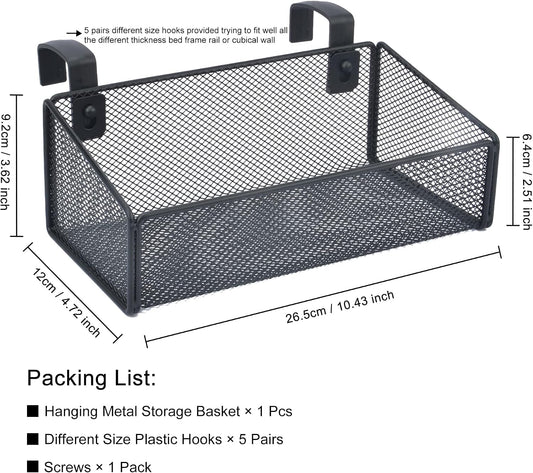 Bedside Caddy Hanging Storage Basket Beside Shelf Metal Organizer for Collage Dorm Bunk Bed,Hospital Bed,Baby Bed - Bedroom Essentials for Magazine,Remote Control,Phone,Drinks (White)