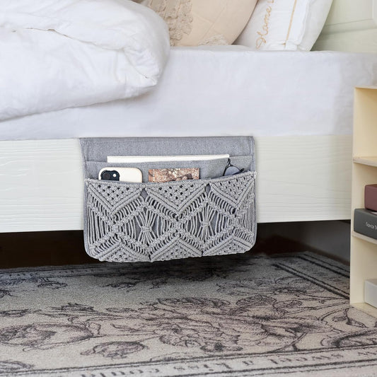 Mkono Macrame Bedside Caddy, Boho Bed Storage Organizer, 4 Pockets Ivory | Dorm Room Bed Caddy, Home Decor, Remote Control Magazine Glasses, Bedroom Living Room, Non-Slip, Space Saving Holder