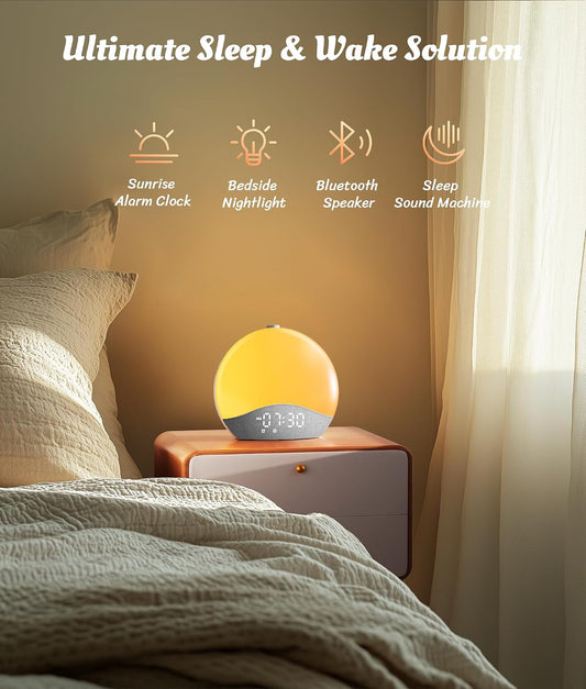 ecozy Sunrise Alarm Clock, White Noise Sound Machine, 26 Soothing Sounds | Alarm Clock for Home & Bedrooms, 17 Night Lights, Bluetooth Speaker, Sunrise Wake-Up Light for Heavy Sleepers, Adults, Kids