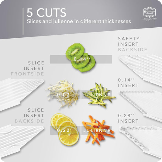 Börner by Reston Lloyd Mandoline Slicer V1 (Starter Set) • V-Slicer with 5 Thickness Settings & Food Holder • Adjustable Kitchen Slicer for Vegetables & Fruits • Color: White