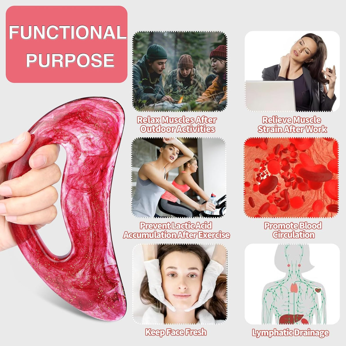 Professional Gua Sha Massage Tool for Body Contouring & Anti-Cellulite, Large Resin Lymphatic Drainage Board with Dual-Sided Design - Face and Back Massager for Women/Men, Home Spa Care(Pink)