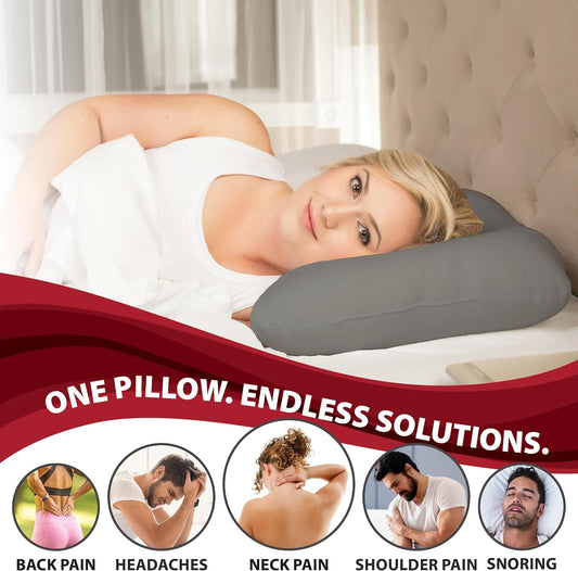 Ergonomic Cervical Pillow for Neck Pain Relief Back & Side Sleepers MID WH | Patented D-shaped center cradles the head while dual neck rolls support proper cervical alignment for restful sleep.
