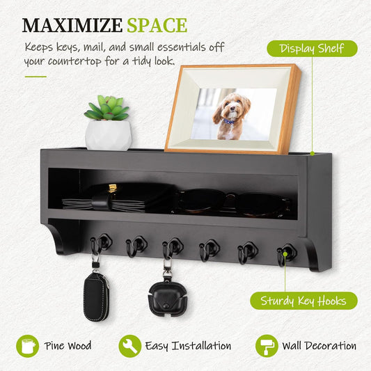 Nekon Key Holder Wall Mount, Pine Wooden Mail Organizer, White | 12.8"W x 5.6"H x 3.7"D Wall Mounted Key and Mail Organizer with 6 Key Hooks, Key Rack for Home Entryway Decor