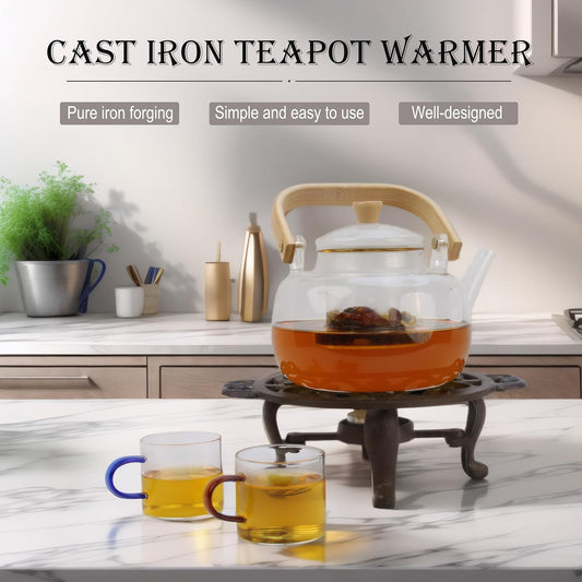 Cast Iron Teapot Warmer, Tea Pot Warmer with Tealight Holder, Portable Wind-Resistant Tea Pot Warmer Base with Candles & Pinch Mitts, for Heat Food Coffee Milk or Tea