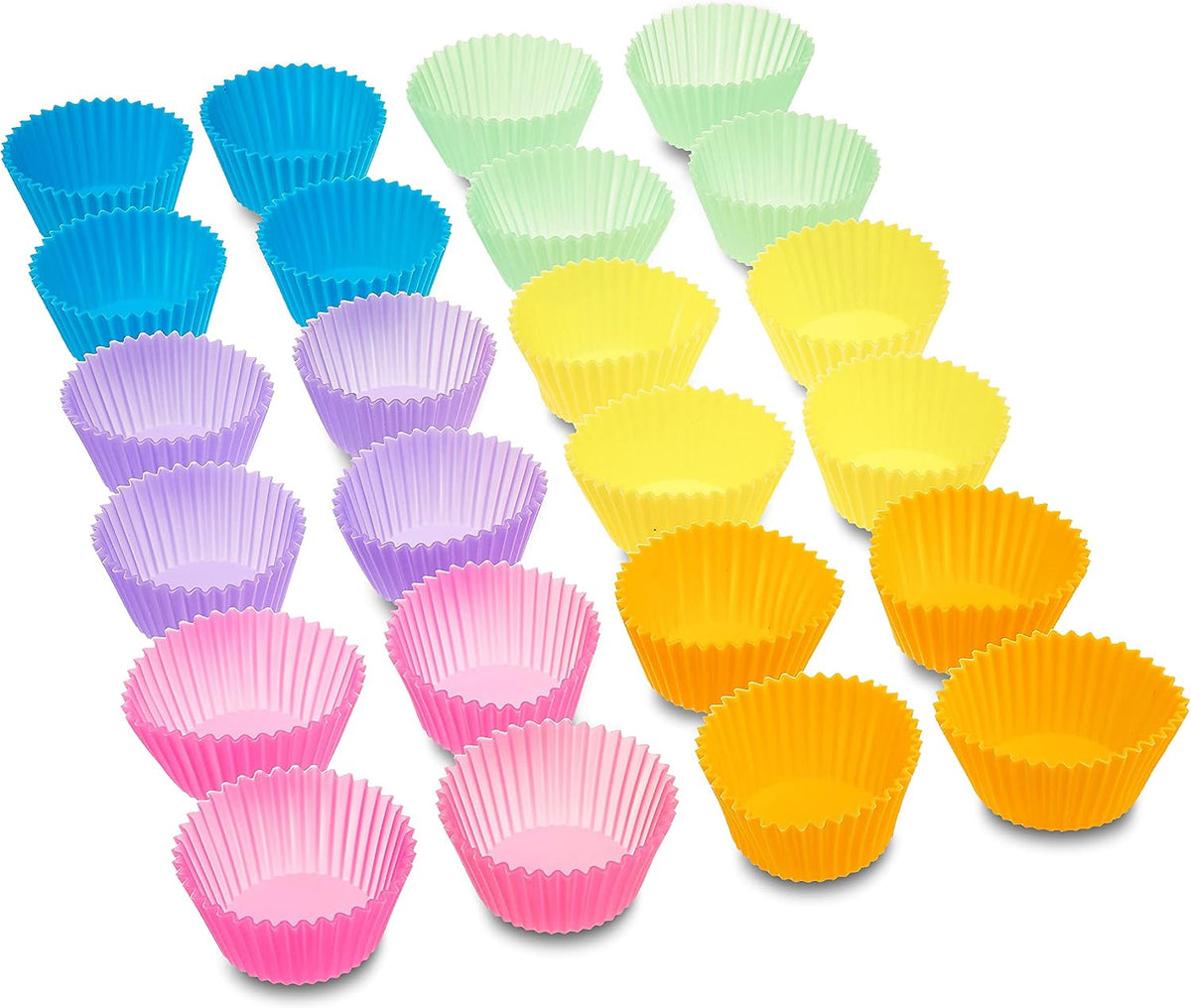 Amazon Basics Reusable Non-Stick Silicone Baking Cups, BPA Free, Muffin Liners, Dishwasher Safe, Microwave and Oven Safe, 2.9 x 2.9 x 1.3 in (LxWxH), Multicolor, 12-Pack