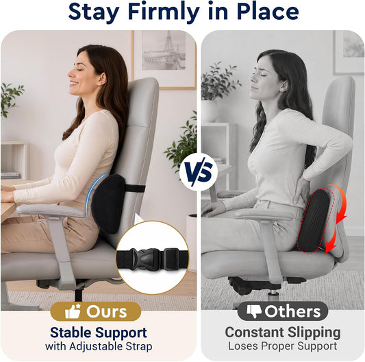 Lumbar Support Pillow for Office Chair, Lower Back Pillow with Strap, Black | Saty in Place, Soft Plush Cover, Memory Foam Core, Erogonimic for Long-Sitting Comfort, Ideal for Car Seat & Most Chairs