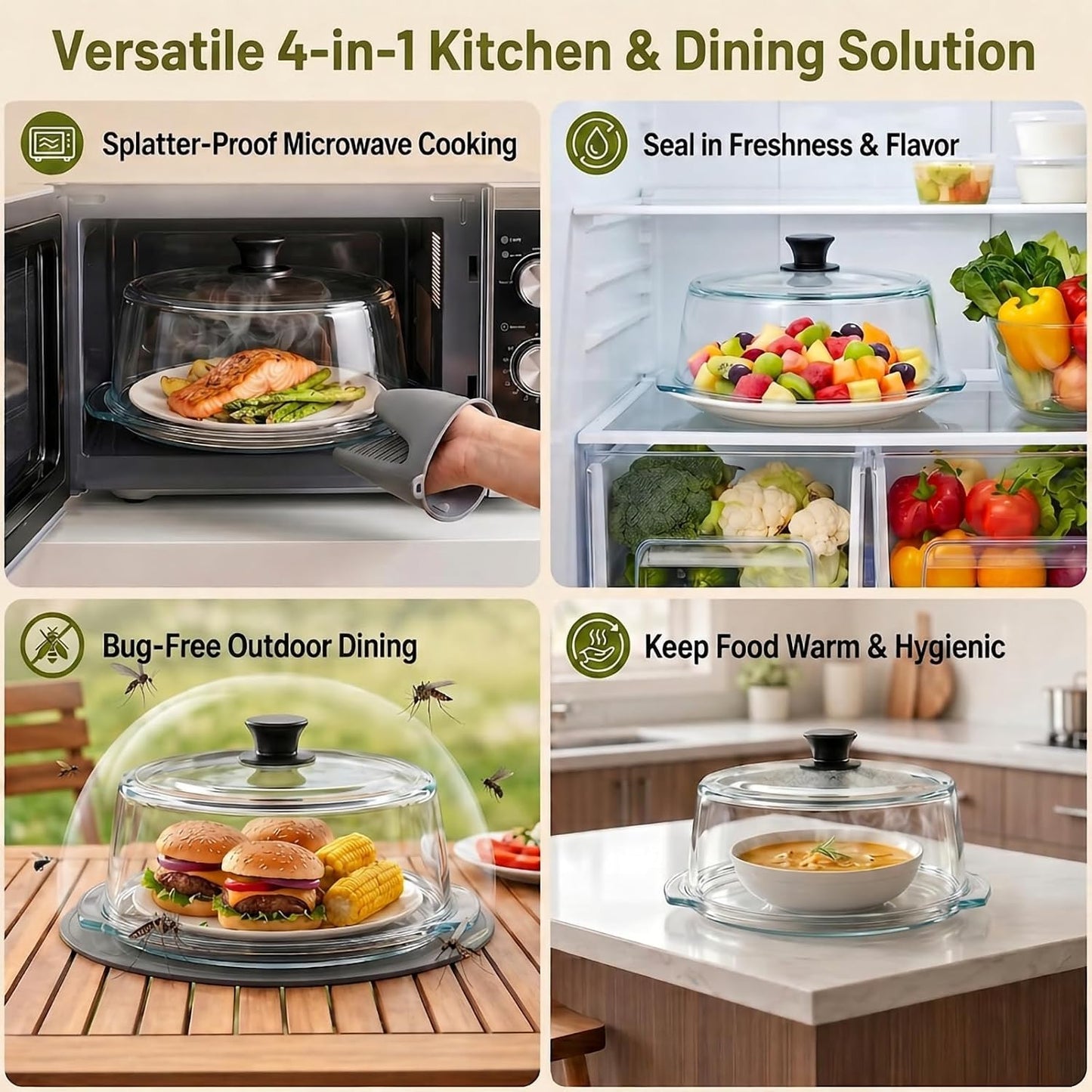 Glass Microwave Splatter Cover With Silicone Mat | Heat-Resistant Borosilicate Glass, Splatter Protection,Anti-Scald Handle,Dual Steam Vents, BPA-Free,Dishwasher Safe