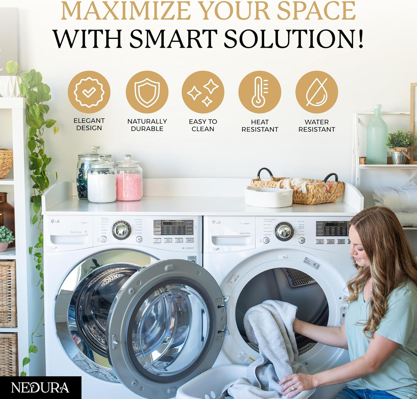 Nedura Washer Dryer Countertop with Anti-Vibration Pads, Curved Edge Rails, Premium Bamboo Laundry Countertop, Washer Dryer Topper, Laundry Room Organization, Laundry Room Accessory – Dark Walnut