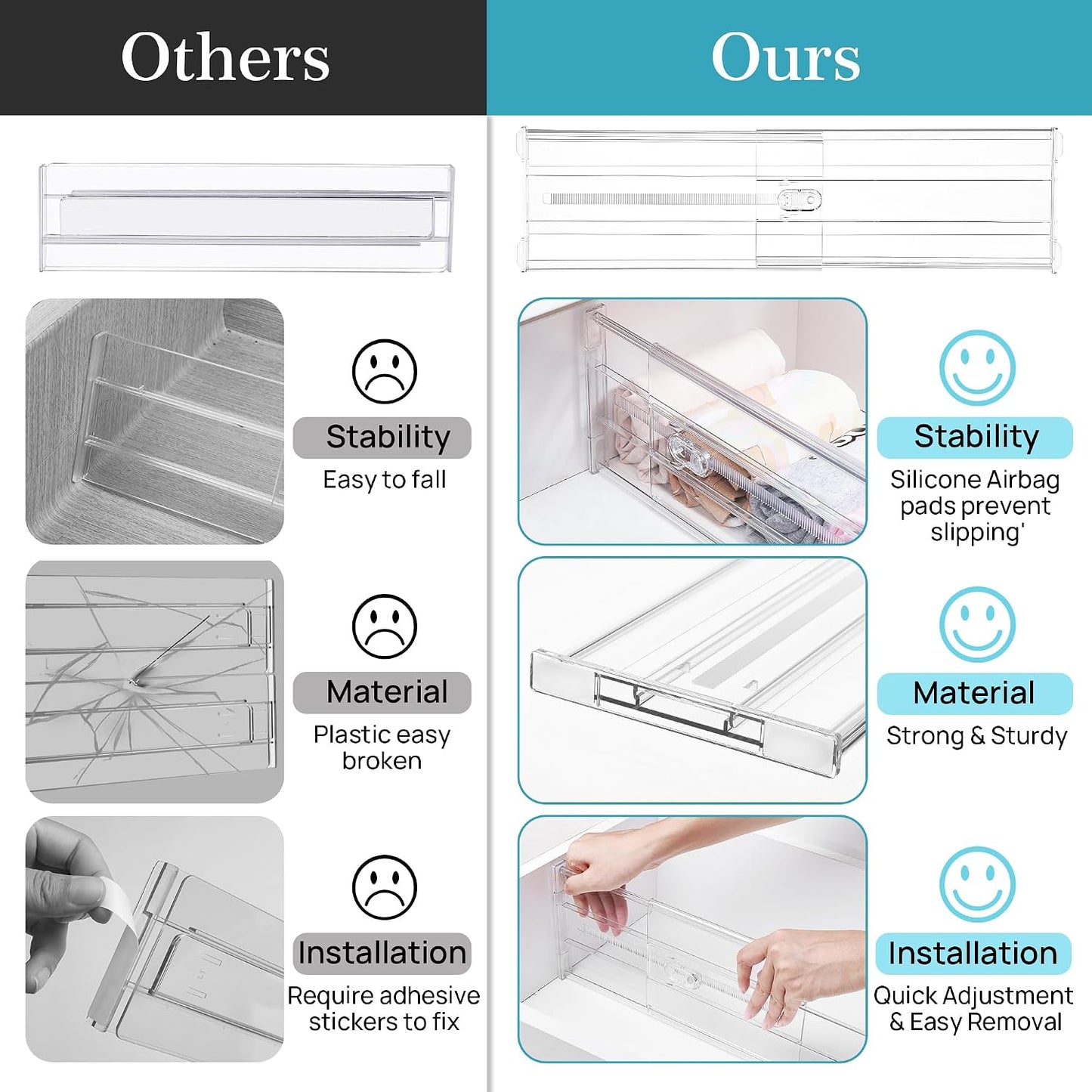 Vtopmart 2.36" Drawer Dividers with Expandable Inserts, 12.8"-22.3", 8 Pack | Adjustable Kitchen Drawer Organizer, Clear Organizer Separator for Flatware, Utensil, Cutlery, 8 Dividers with 14 Inserts
