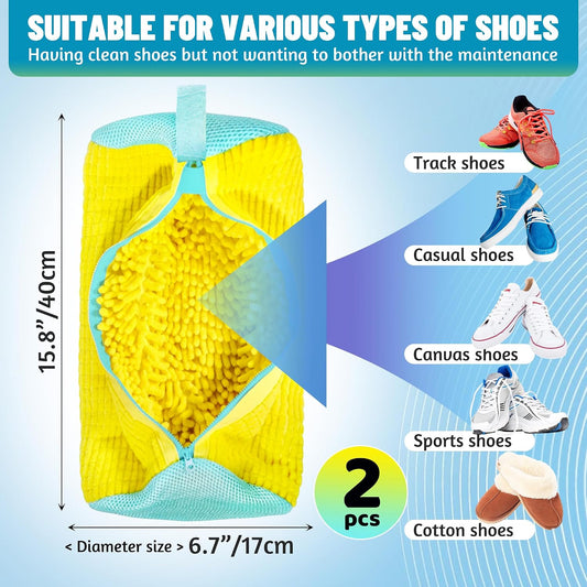 Set of 2 Reusable Shoe Laundry Bags, 360° Deep Clean, Noise-Reducing Sneaker Washing Bags for Machine Wash, Protect Shoes & Washer Drum, Anti-Skid Zipper, Durable Chenille Interior