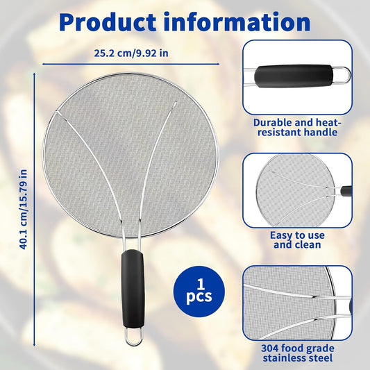Splatter Screen for Frying Pan - 10’’ Stainless Steel Grease Splatter Guard with Grip Handle- Ultra Fine Mesh Cover Oil Splash when Sizzling Bacon, Cooking Fried Chicken or Popcorn