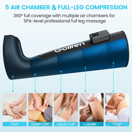 Cordless Leg Compression Massager, Portable Compression Boots with 5 Air Chambers, Full Leg Massager for Circulation & Muscle Pain Relief, Gift for Athletes Men Women