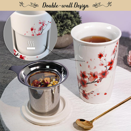 Tea Gift Set for Women - 6 Herbal Loose Leaf Tea Blends, Insulated Ceramic Cup with Infuser & Lid | Birthday, Mother's Day, Anniversary & Retirement Gift for Her