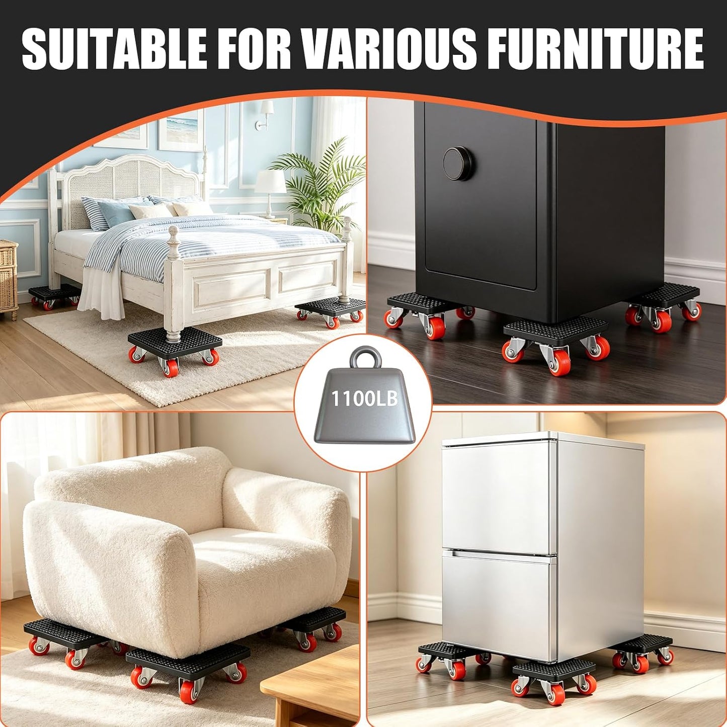 Furniture Moving Dolly Set, Heavy Duty Movers with Lifter Tool,1100LBS | Heavy Duty Furniture Moving Kit with Lifter Tool & 4 Adjustable Height Pads for Moving Sofas, Cabinets and Appliances Easily