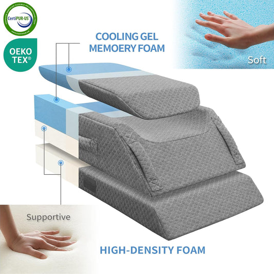 Adjustable Leg Elevation Pillows for Swelling After Surgery | Cooling Gel Memory Foam, Leg Wedge Pillow for Post Surgery, Fits All Heights, Non-Slip & 4 Handles, Breathable Washable Cover