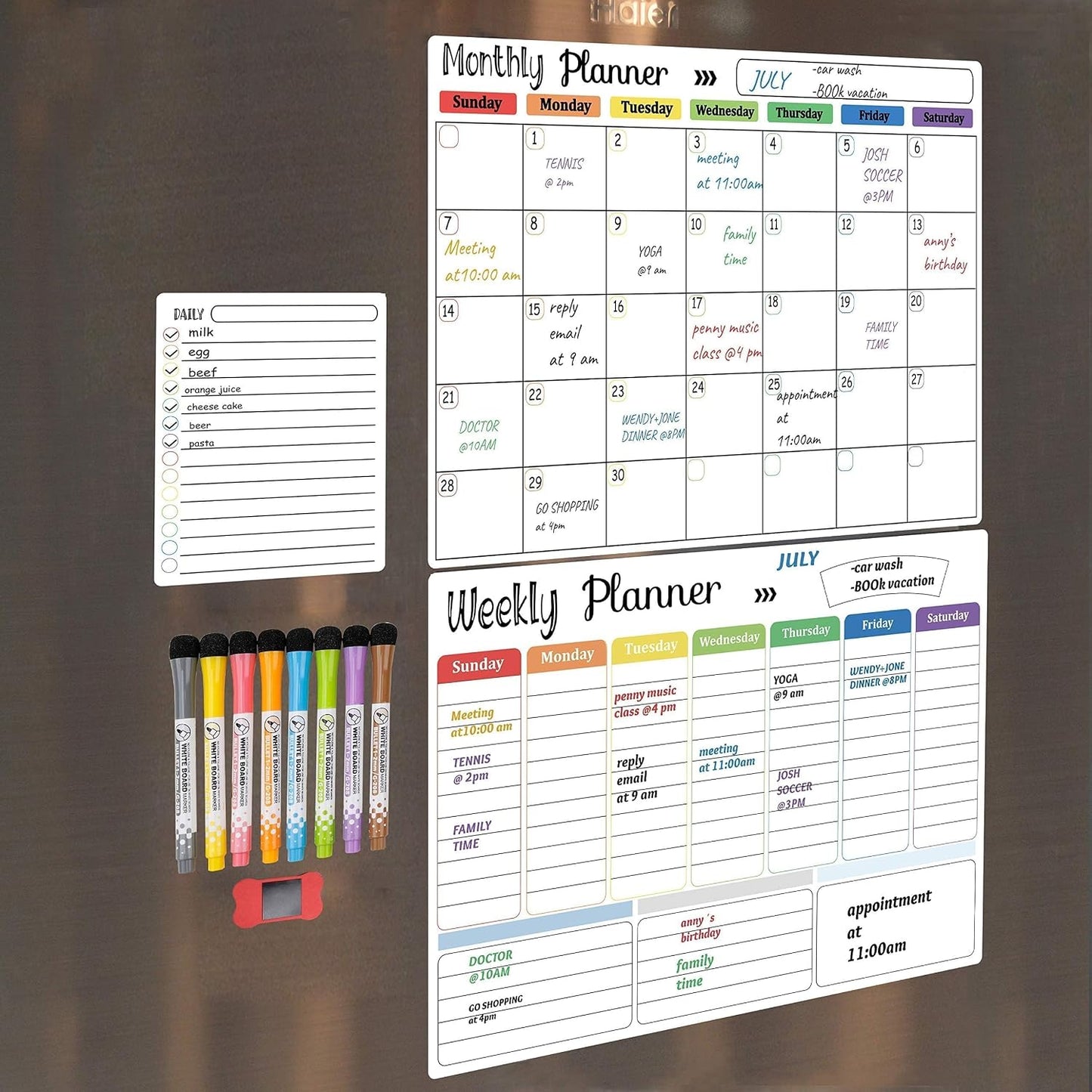 Hivillexun Magnetic Dry Erase Calendar Whiteboard Set (4-Pack) for Home and Kitchen, with Monthly and Weekly Views (16.5” x 11.8”), Magnetic Whiteboard and Daily Planners (12” x 8”) 8 Markers & Eraser