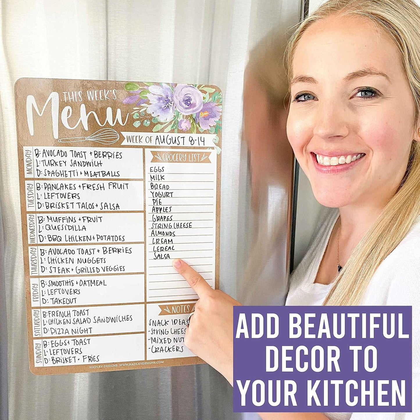 Hadley Designs Weekly Meal Planner for Fridge - Dinner Menu Board for Kitchen, Kraft Weekly Menu Board Dry Erase, Dry Erase Meal Planner for Fridge, Grocery List for Fridges with Conversion Chart