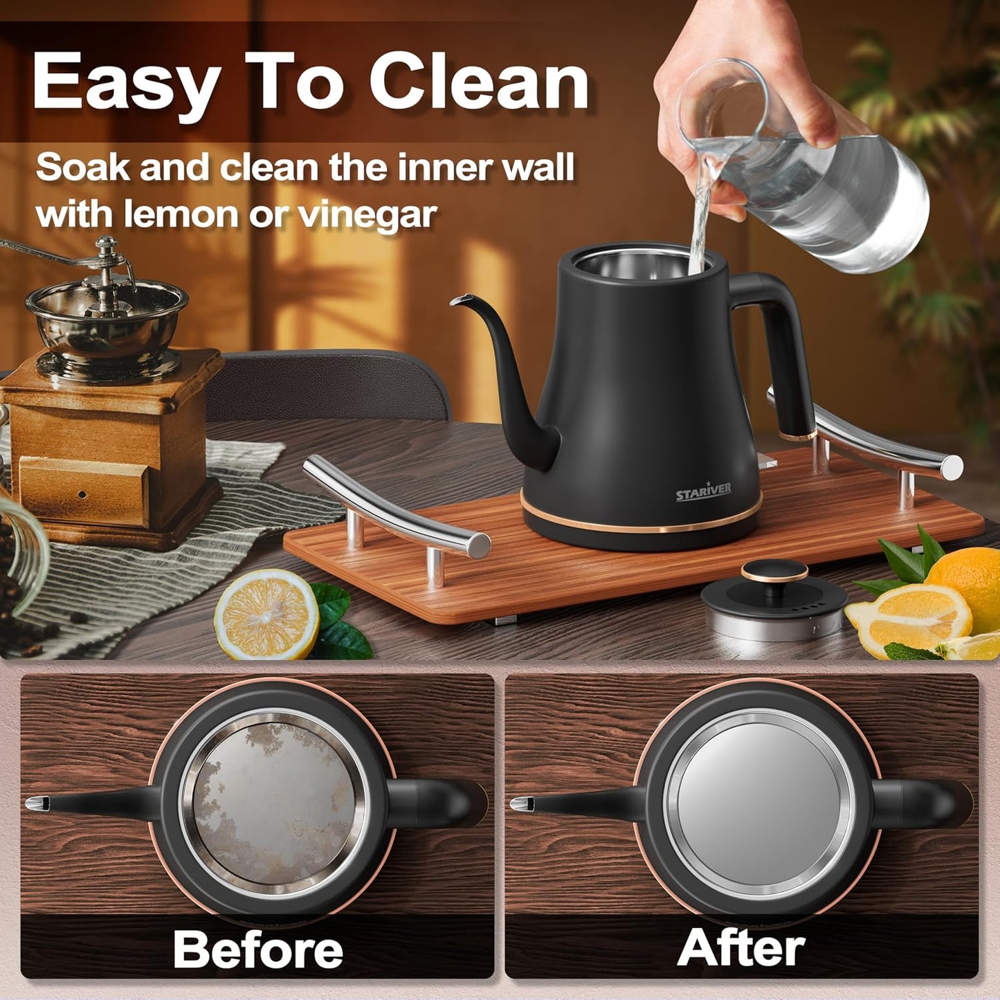 Stariver Gooseneck Electric Kettle, 0.8L Electric Tea Kettle | BPA-free Stainless Steel, Auto Shut-off & Boil-dry Protection, One-touch Fast Boiling, for Pour Over Coffee, Tea, Hot Water