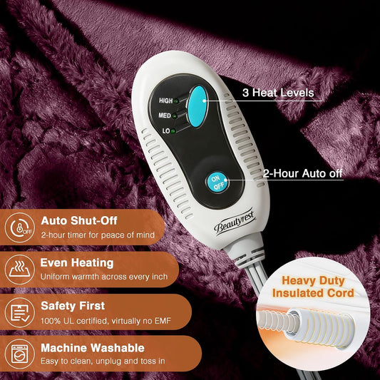 Beautyrest Long Brushed Faux Fur Ogee Textured Design Electric Blanket, Auto Shut Off, Virtually Zero EMF, Multi Heat Setting, UL Certified, Machine Washable, Grey Throw 50x60