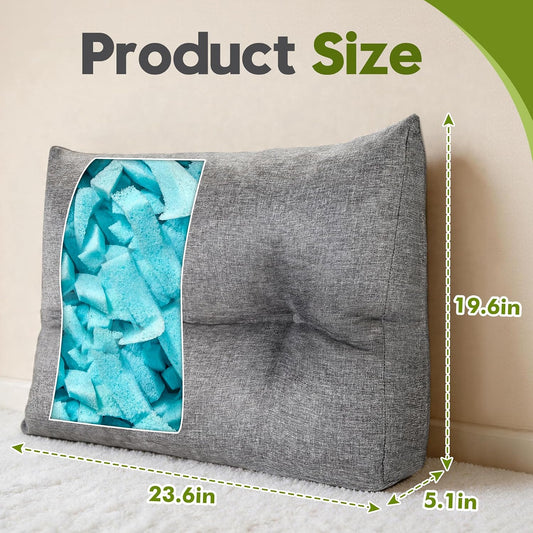 Back Cushion for Couch Wedge Lumbar Support Backrest Pillow with Shredded Foam Filled and Side Pocket Sofa Back Cushions for Sitting & Reading, 23.6×19.6×5.1Inch
