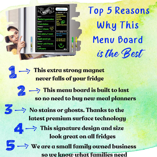 White Magnetic Dry Erase Weekly Menu Board for the Fridge | Weekly meal and dinner planner, 7-day grid, grocery and to-do lists, 12x16 inches, fits standard fridge, 3 markers, eraser